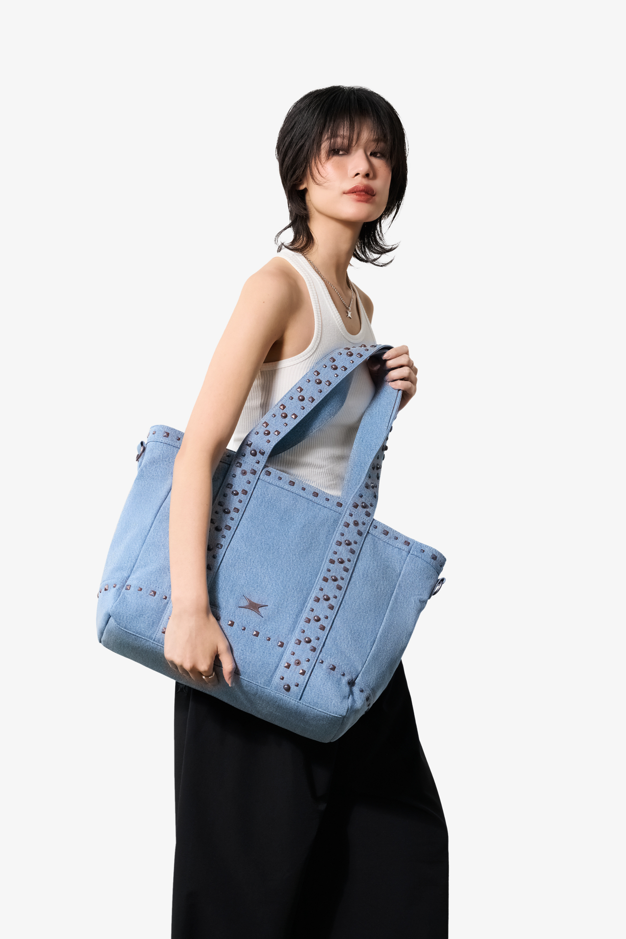 STUDDED DENIM TOTE BAG