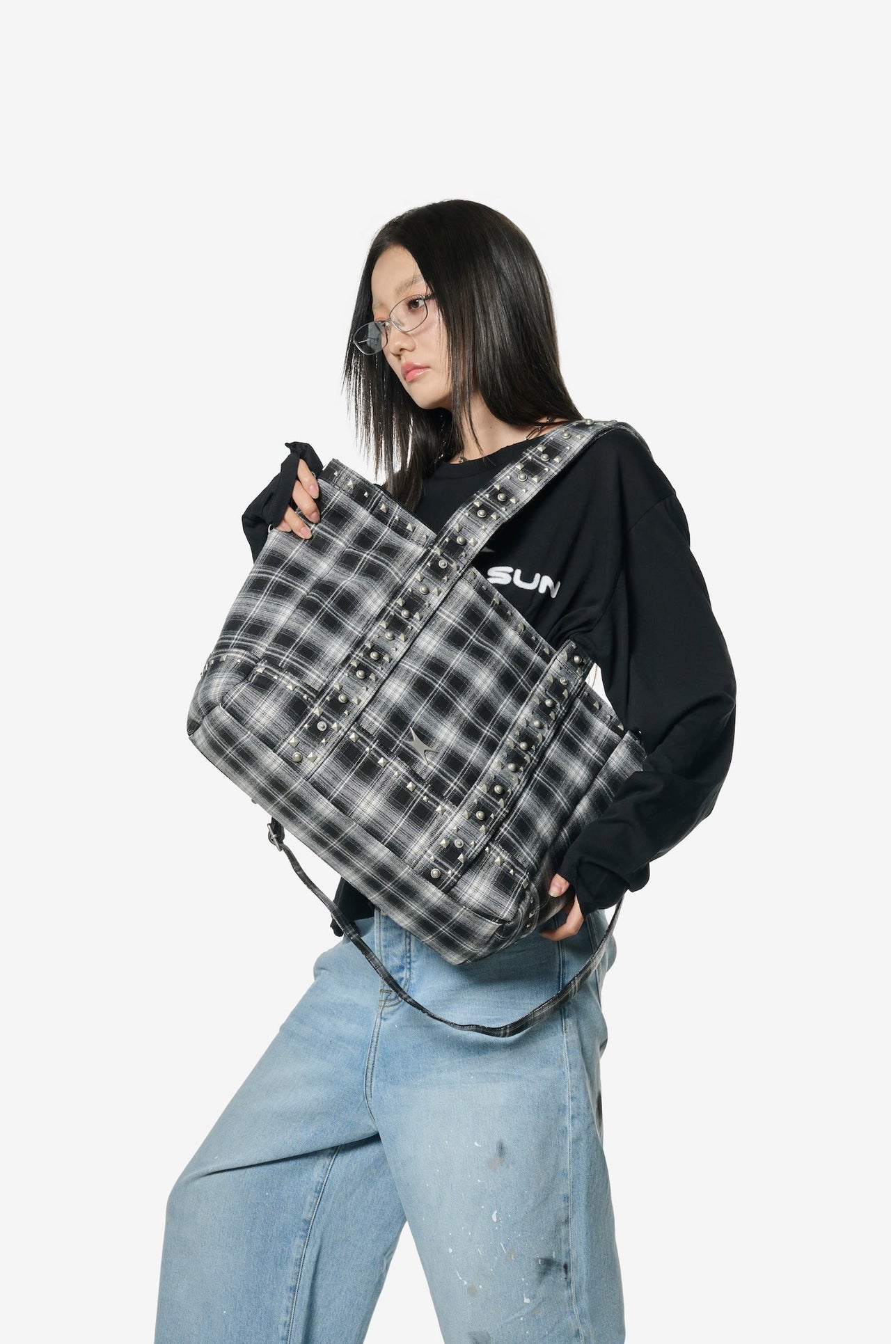 STUDDED PLAID TOTE BAG